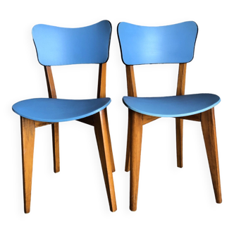 Pair of vintage bistro chairs in wood and light blue vinyl