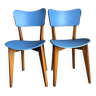 Paire de chaises bistro vintage en bois et vinyle bleu clair