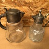 Pair of cast glass & vintage metal refresher pitcher