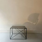 Isosceles coffee table in wire metal and black smoked glass, Max Sauze design 1970