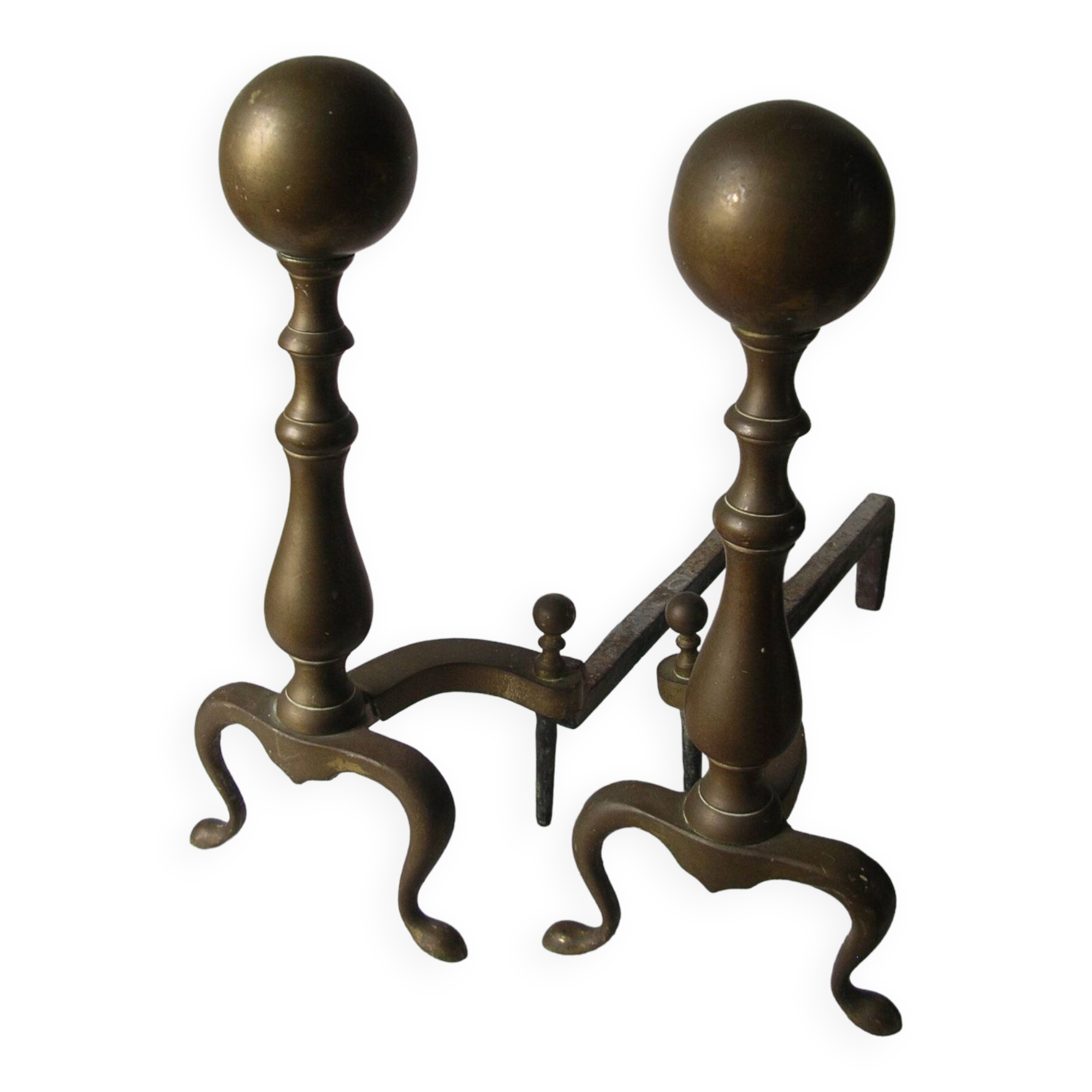 Old pair of articulated andirons in brass and metal 48 cm fireplace accessory