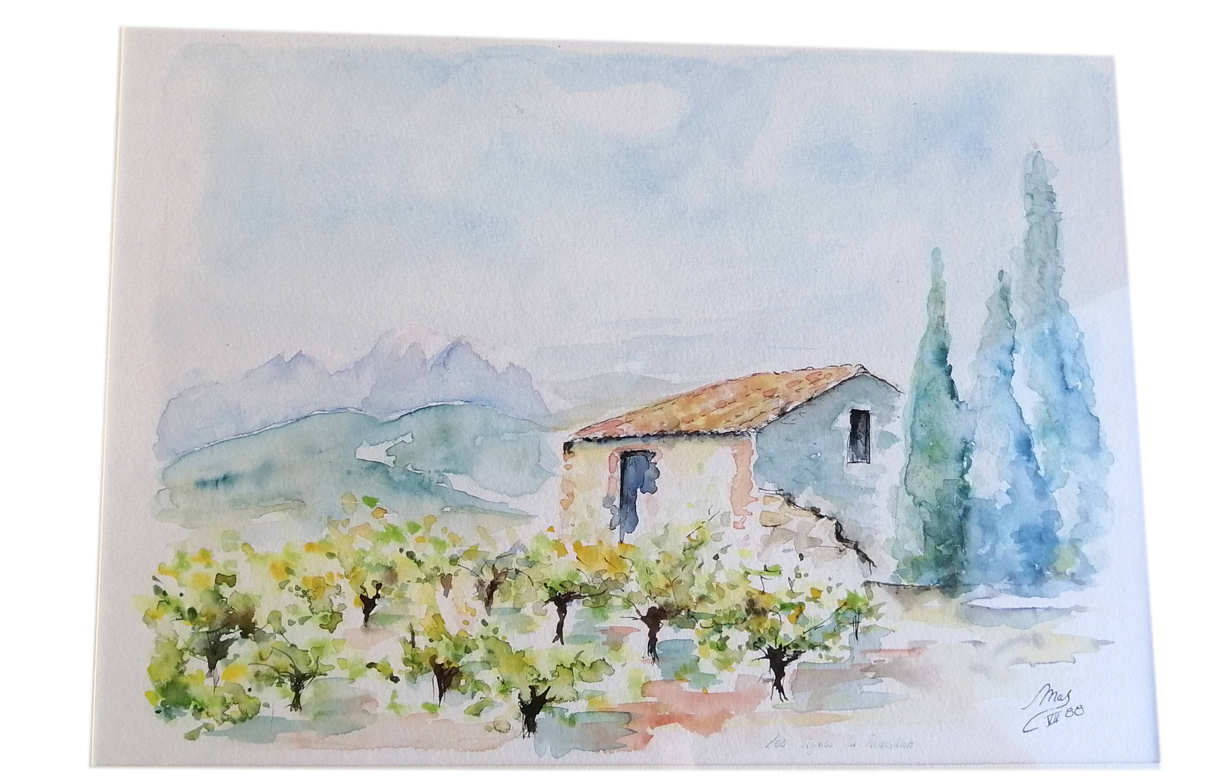 Painting Landscape of Roussillon in watercolor signed.