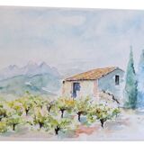 Painting Landscape of Roussillon in watercolor signed.