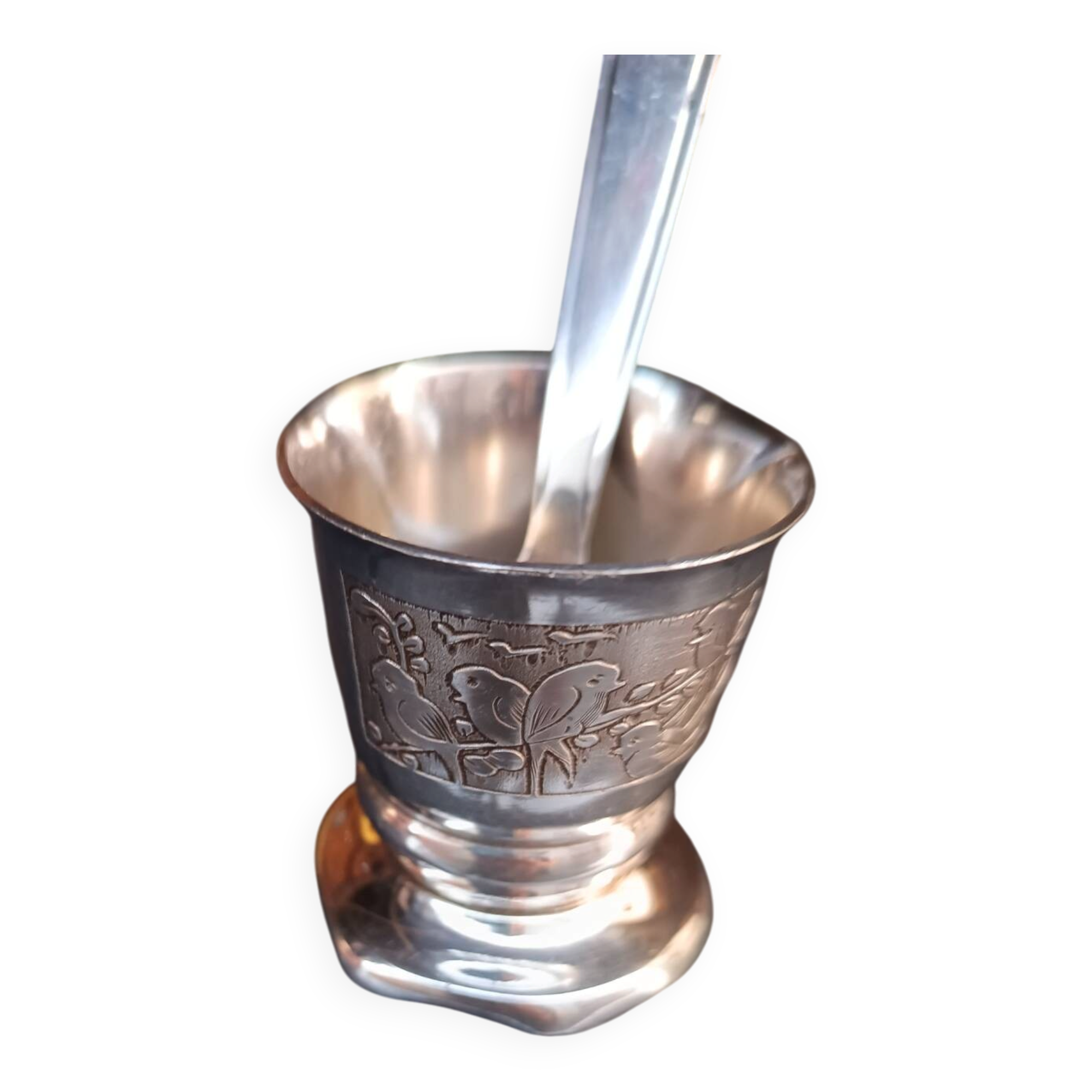 Antique Baptismal Cup + Silver-Plated Spoon - Bird Decoration -