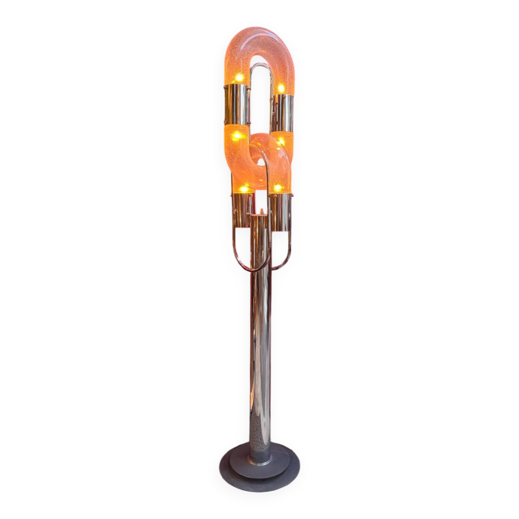 Vintage sculptural floor lamp in chrome metal and glass from the 1970s.