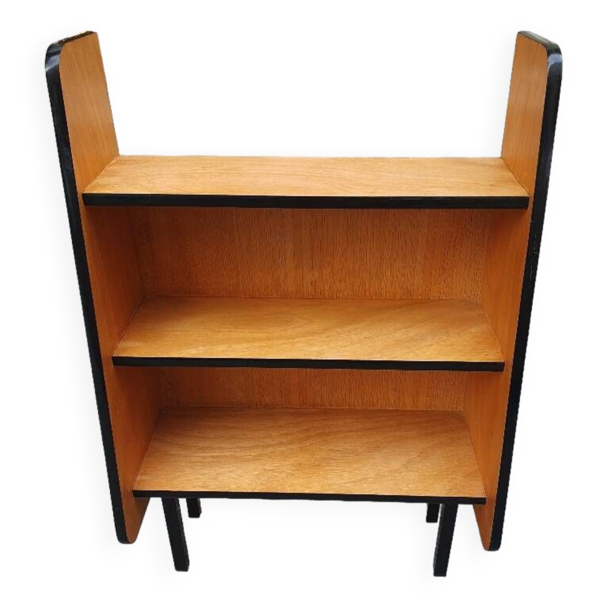 Wooden bookcase-shelf on black metal legs, Pierre Guariche style, 1960