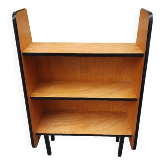 Wooden bookcase-shelf on black metal legs, Pierre Guariche style, 1960