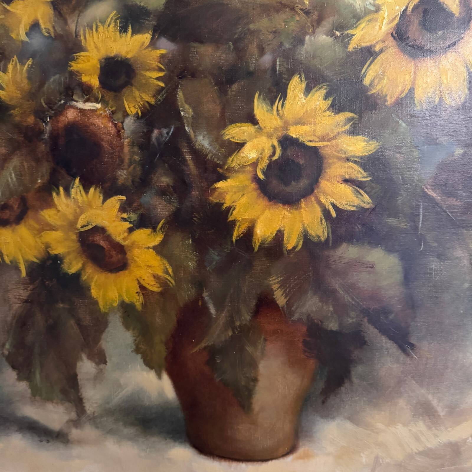 Oil on canvas still life with sunflowers by P. Sorrol 20th century