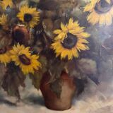 Oil on canvas still life with sunflowers by P. Sorrol 20th century