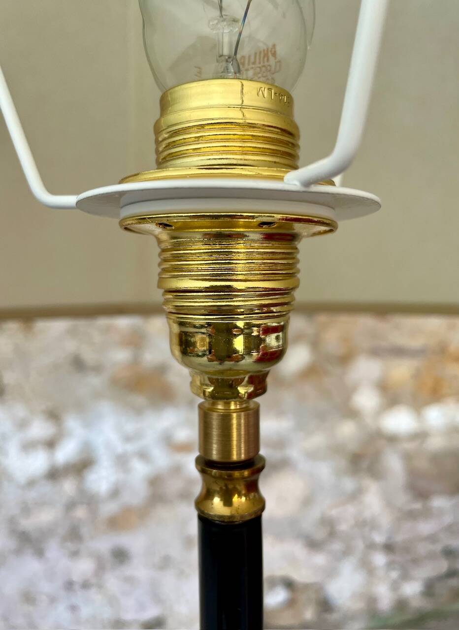 Vintage floor lamp, brass decorations, tripod legs circa 1960's