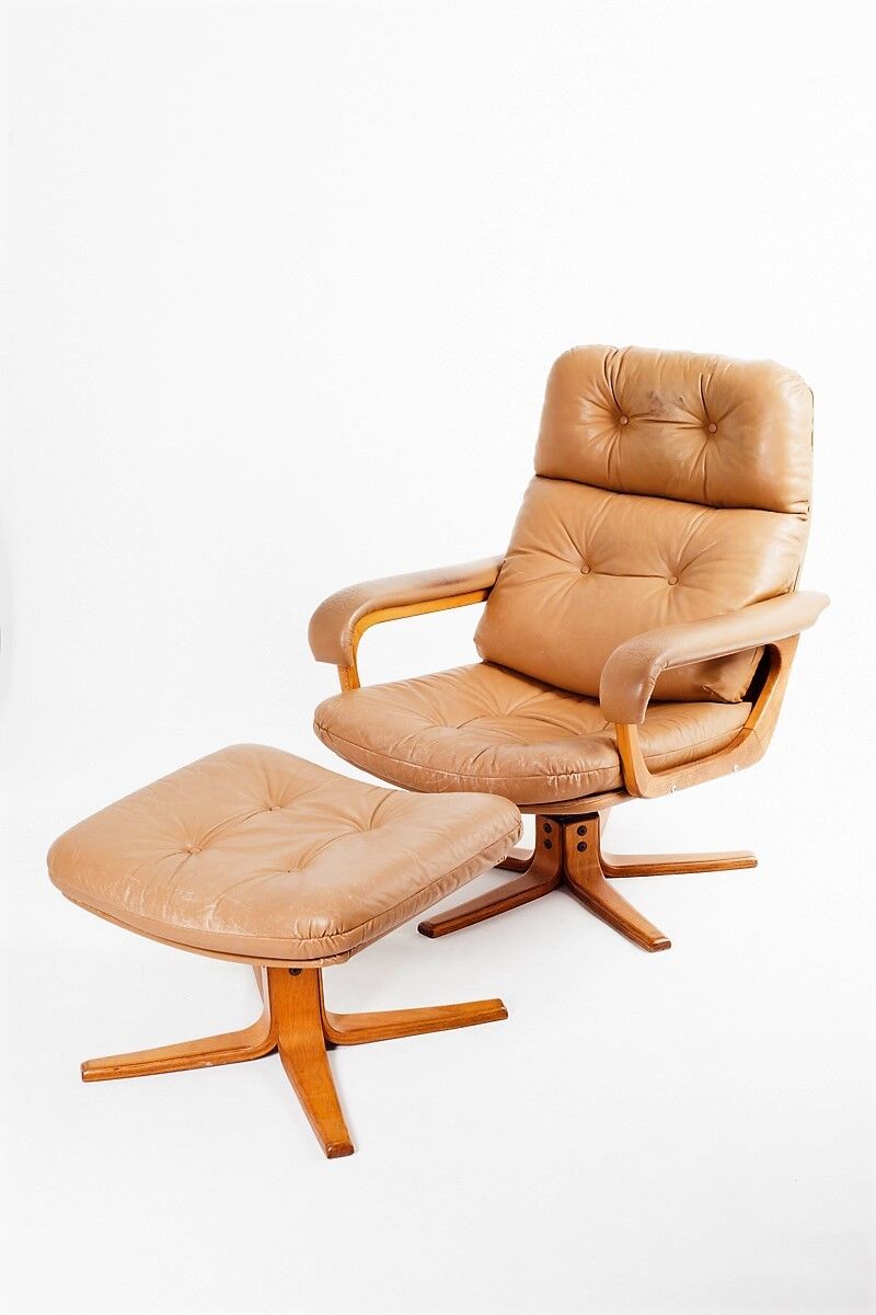 Brown leather armchair & ottoman, 1970