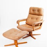 Brown leather armchair & ottoman, 1970