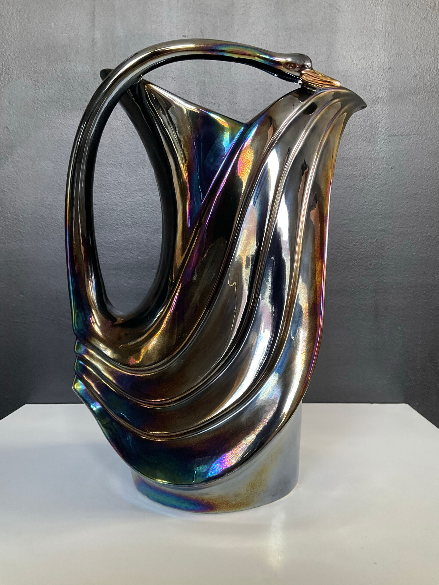 Iridescent ceramic pitcher from Bassano, Italy, from the 1970s.