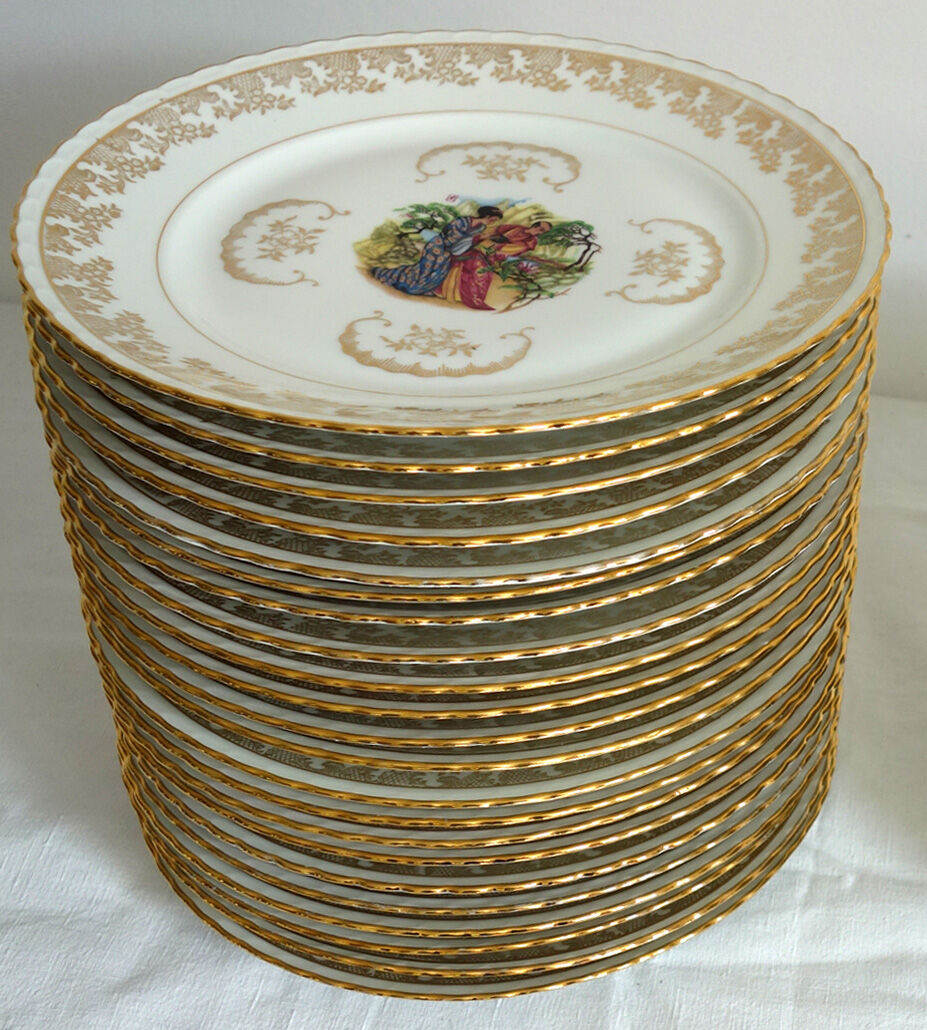 Set of 22 flat plates Limoges vintage Japanese motifs