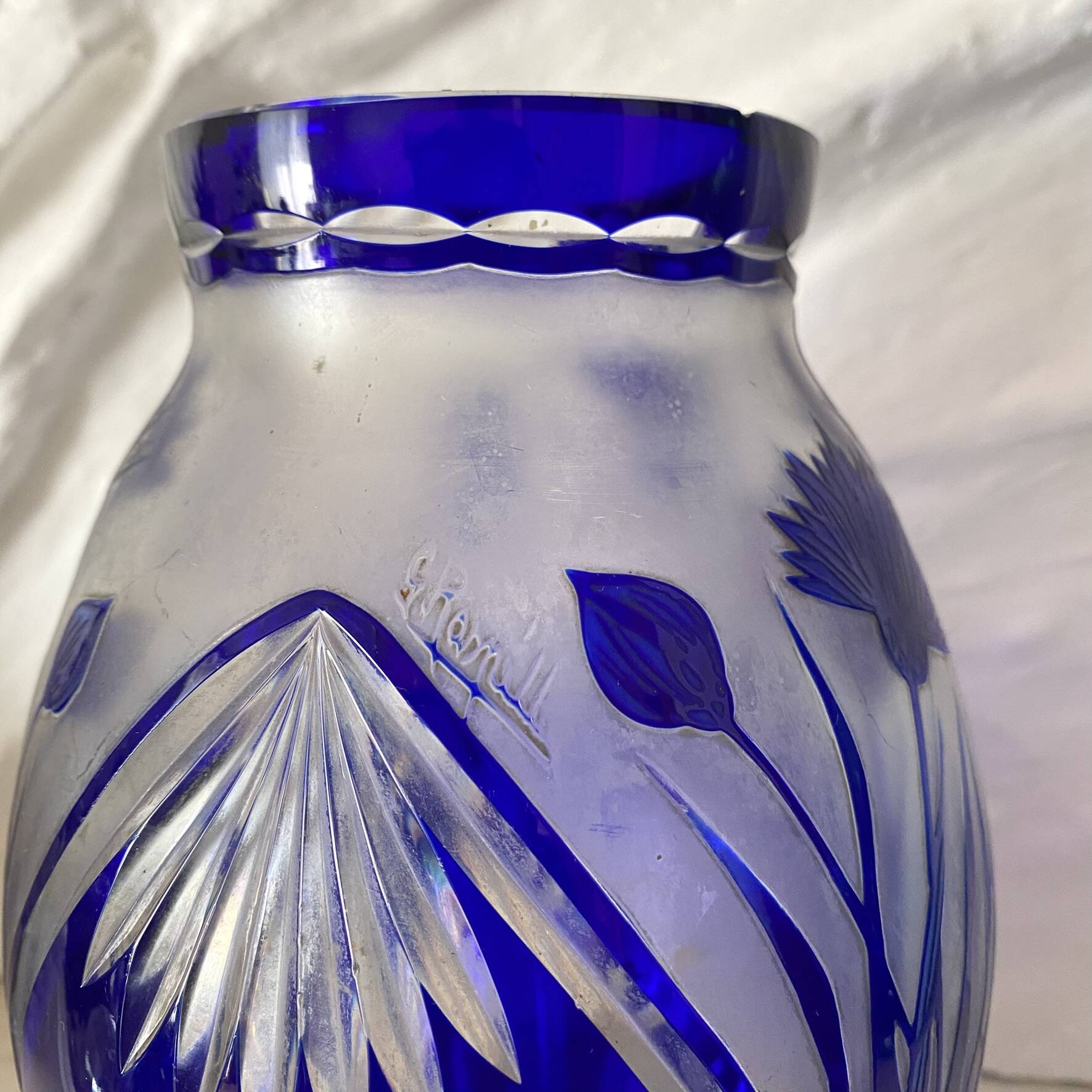 Cobalt blue double crystal vase signed G. Raspiller