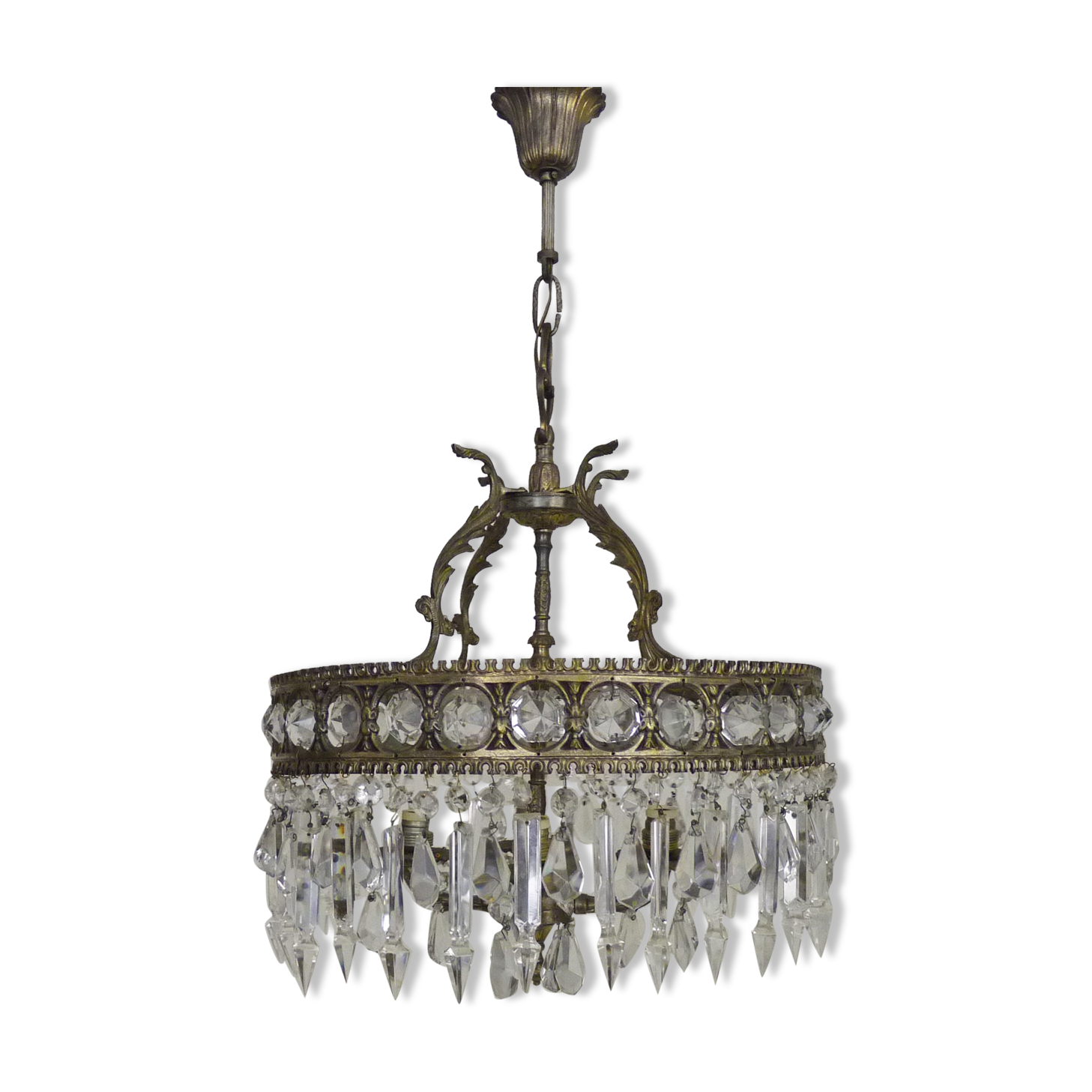 Old chandelier in bronze or silver brass, 4 lights, crystal grapevines. Year 60 70