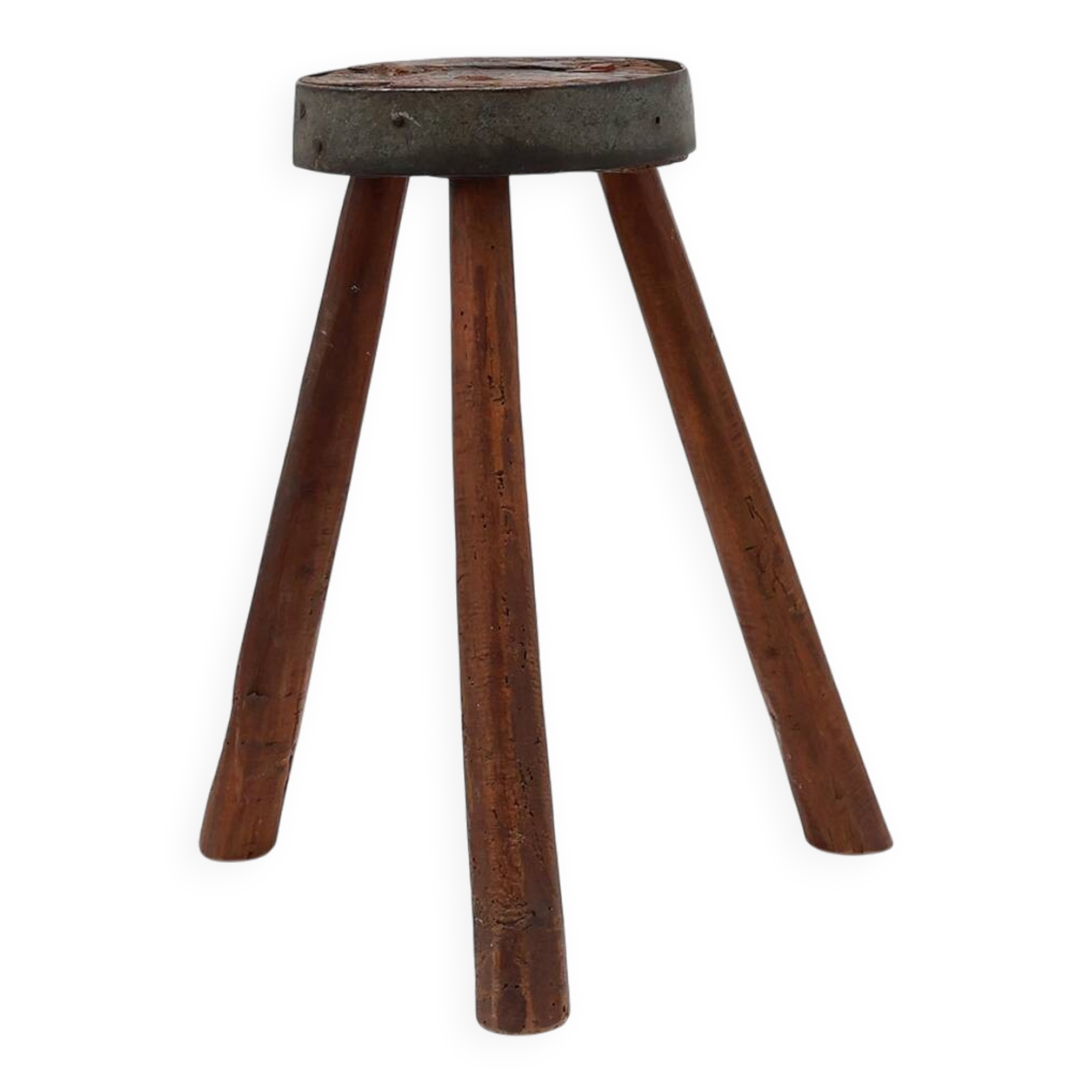 Brutalist French solid oak tripod stool with metal rim, 1850s