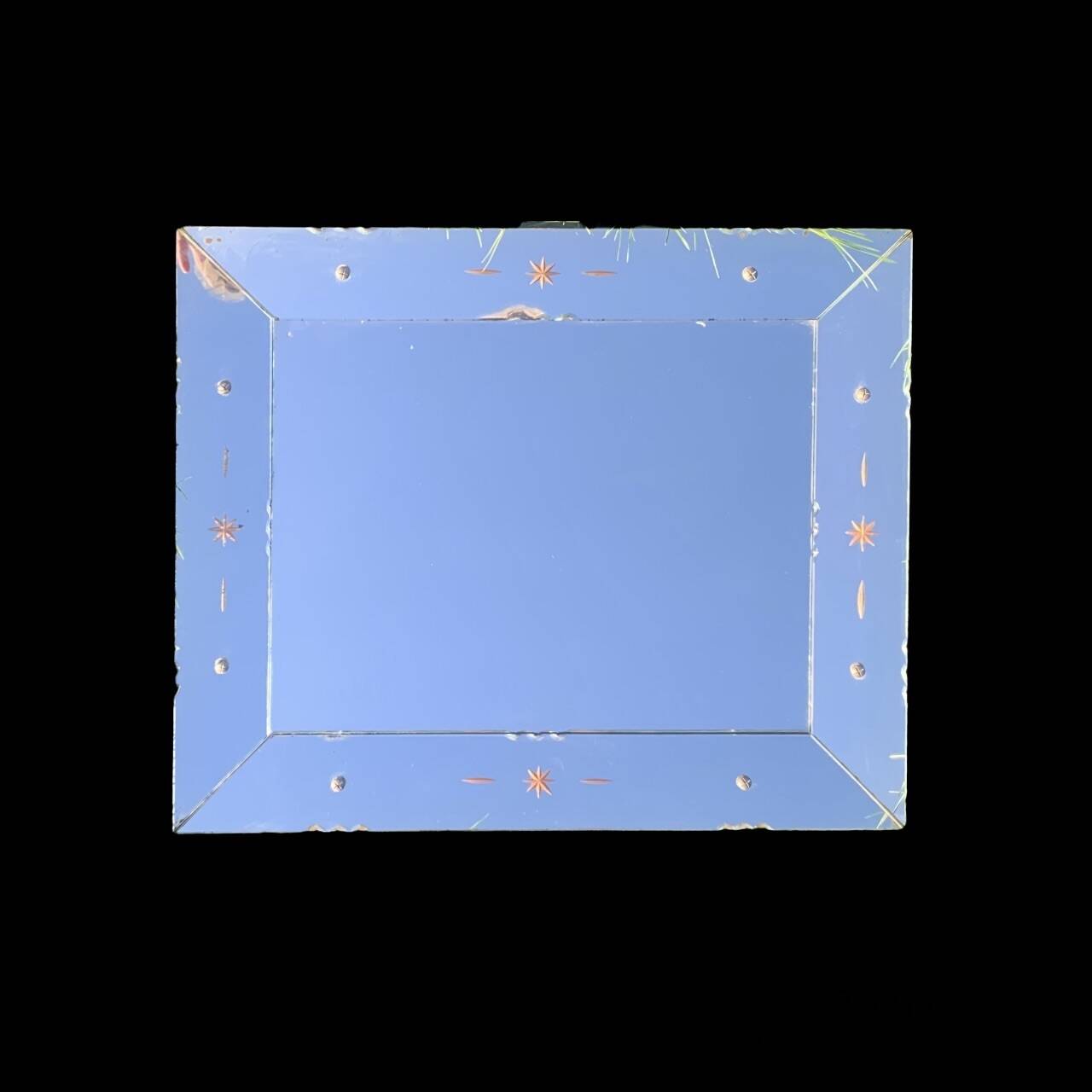 Rectangular Art Deco wall mirror inlaid and chiseled on wood