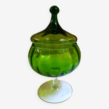 Blown glass candy box, vintage, green color.