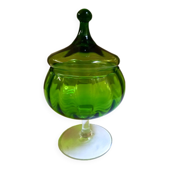 Blown glass candy box, vintage, green color.