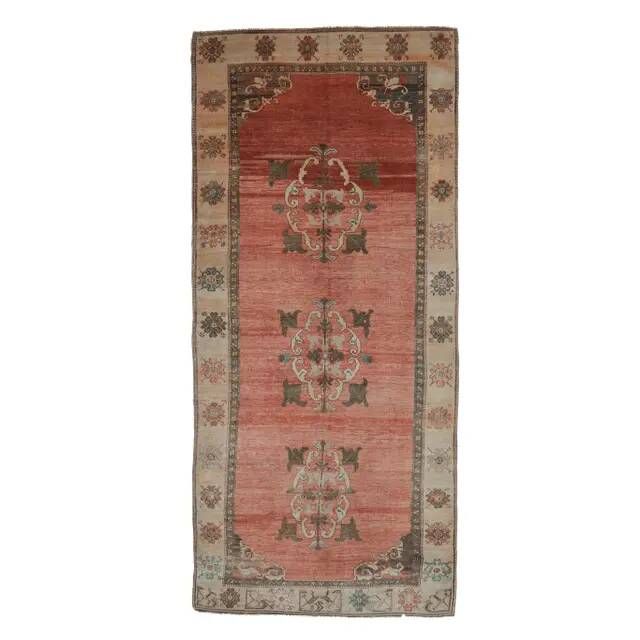 Vintage Turkish Oushak handmade pink cotton wool runner rug 163x370