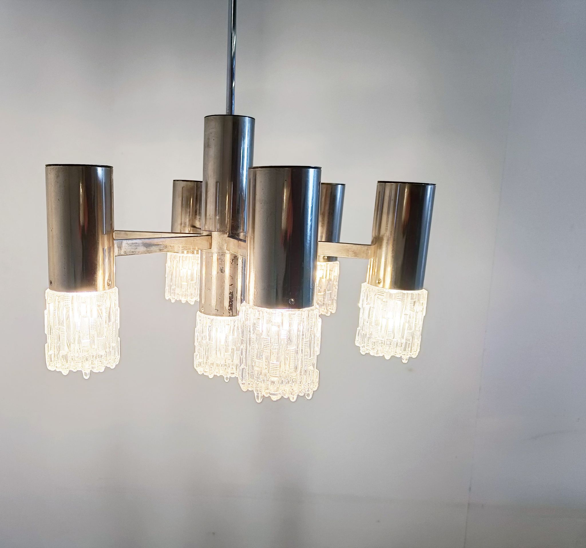 Lustre en chrome et verre, années 1970