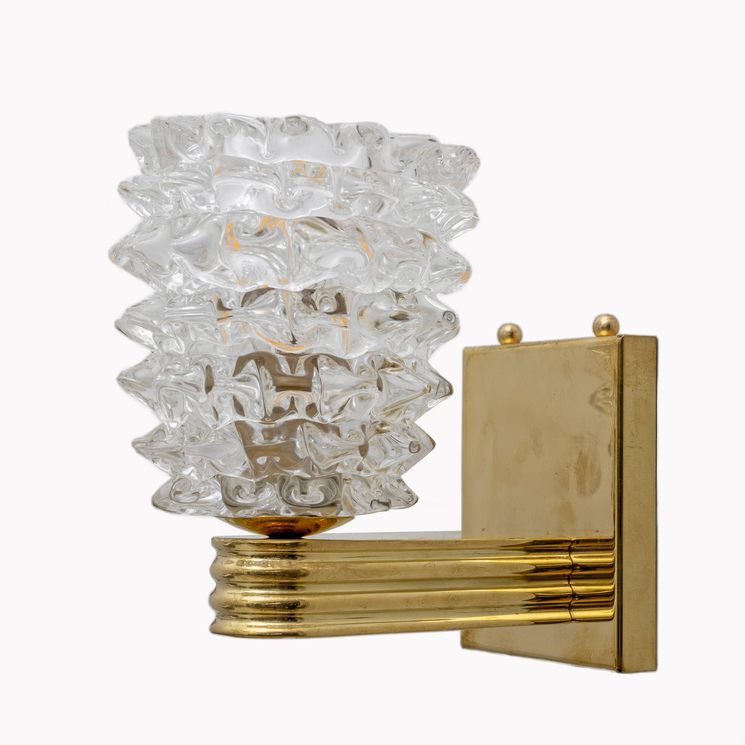 Barovier & Toso Art Dèco Style Brass and Rostrato Murano Glass Sconces, Pair