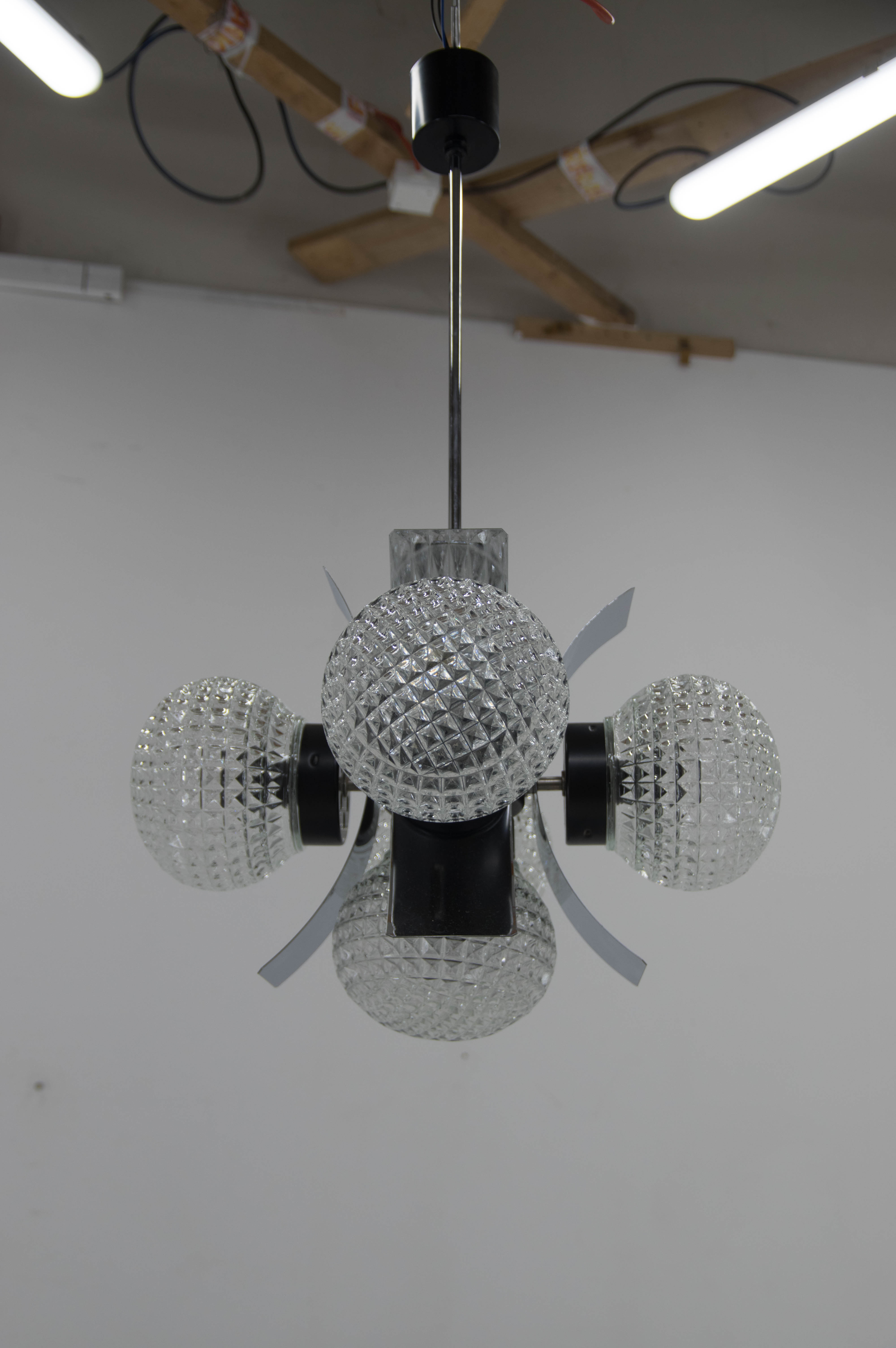 Mid-Century Chrome & Glass Chandelier, Czechoslovakia, 1970s