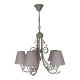 Lustre vintage, 5 feux, fer forgé et perles