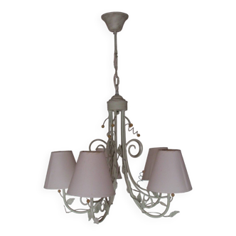 Vintage chandelier, 5 lights, wrought iron and pearls