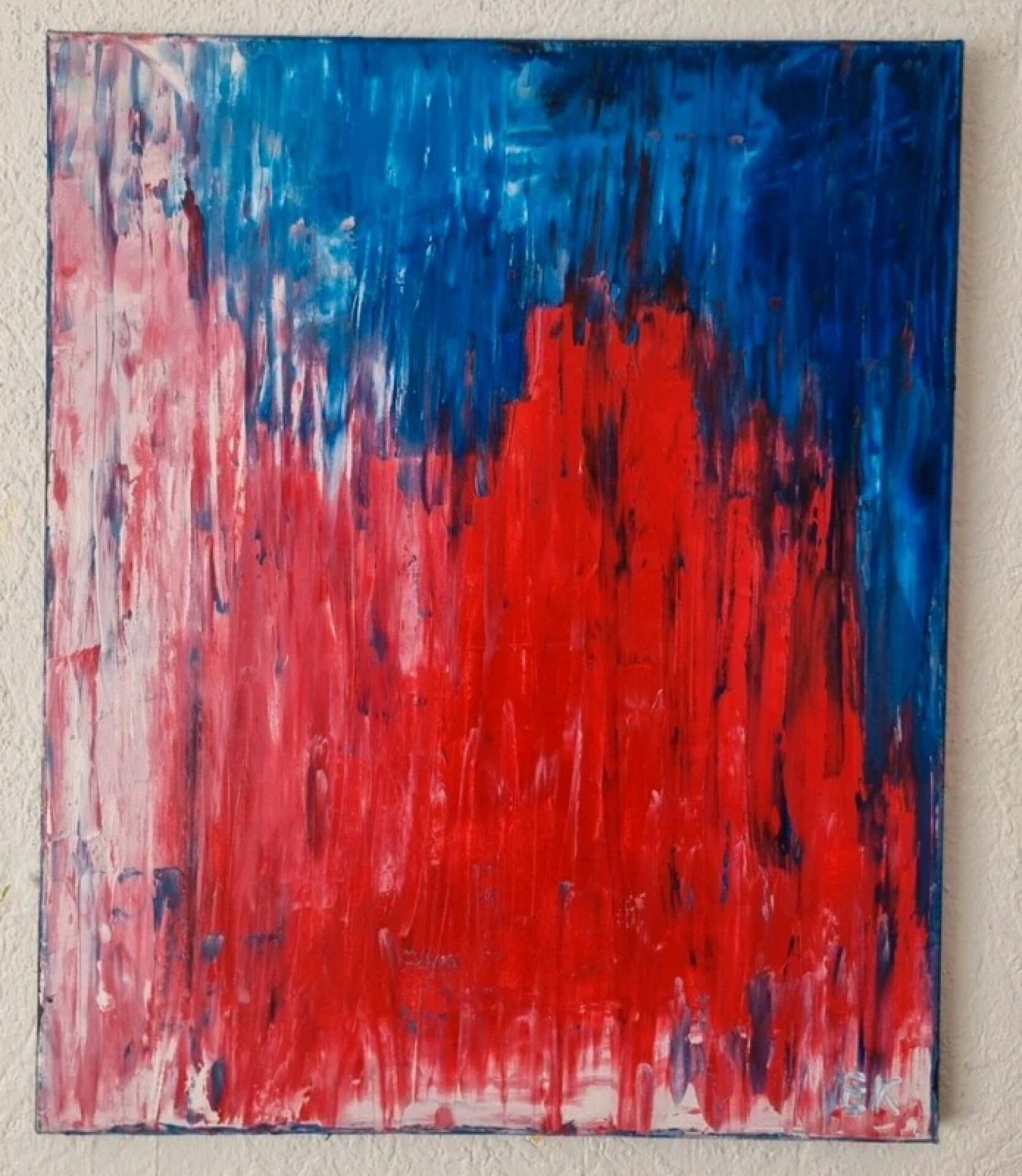Abstract table red blue pink 46x38 cm painting signed