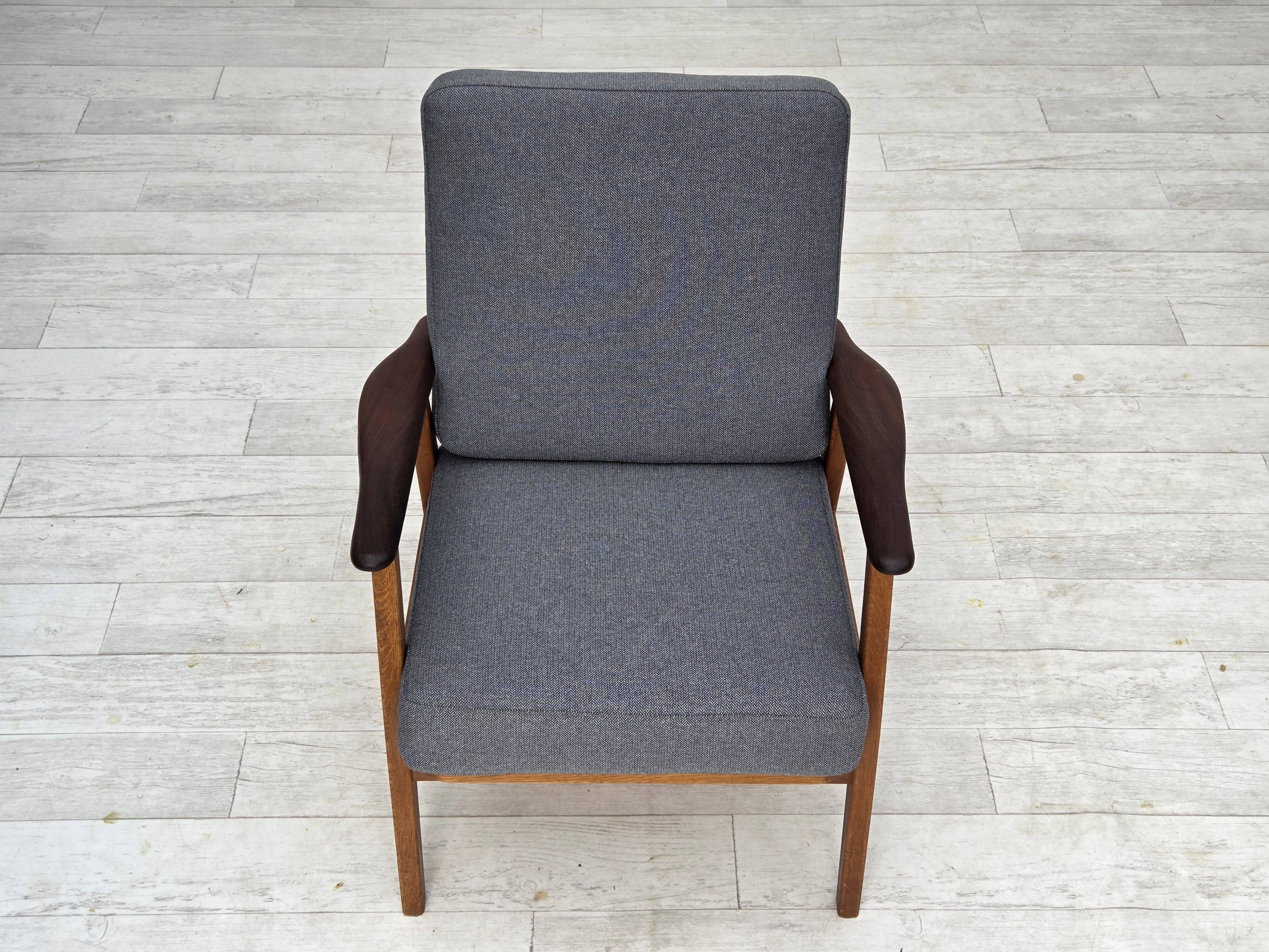 1970s, pair of Danish armchairs, reupholstered, furniture wool, teak, oak.