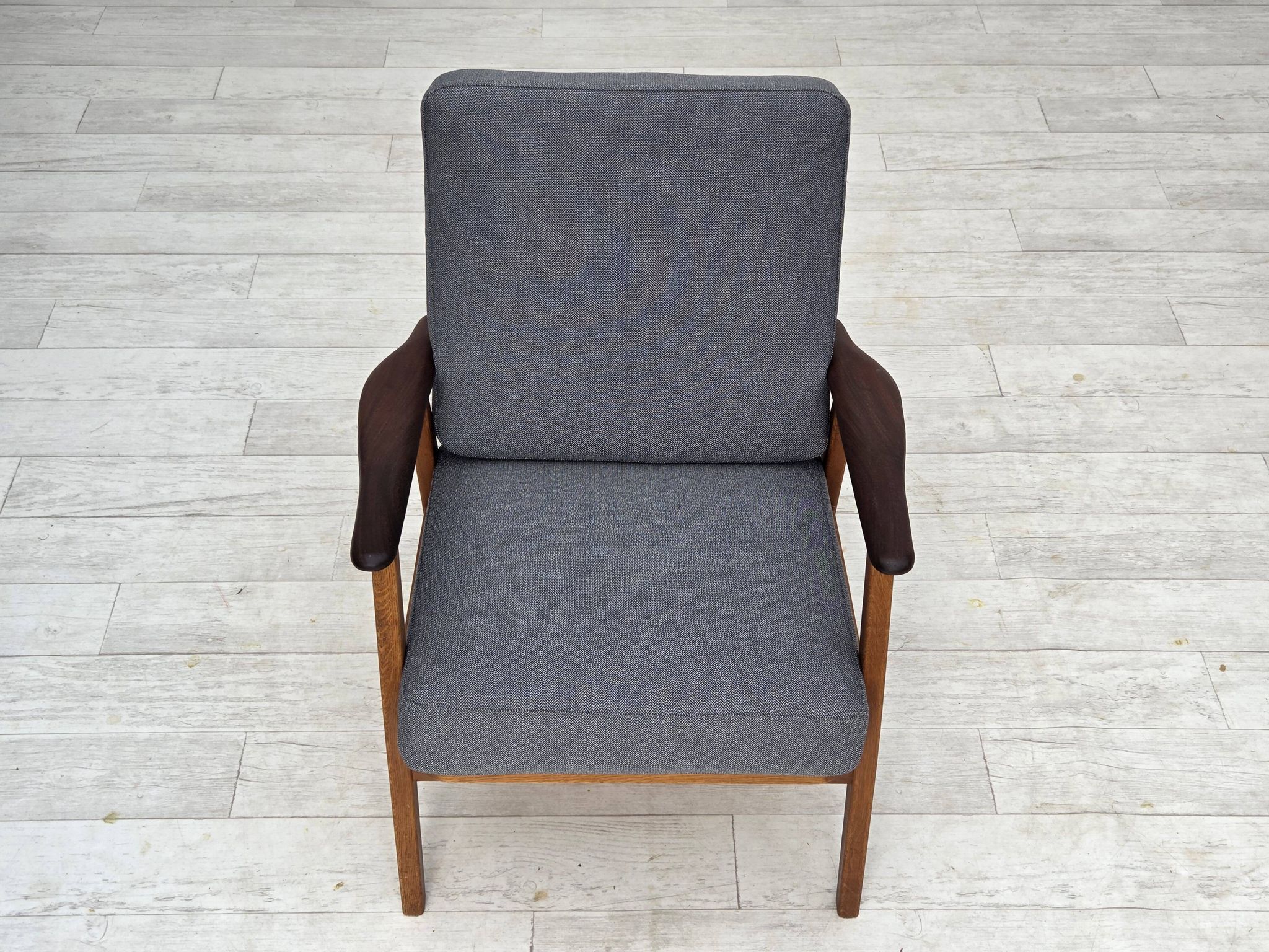 1970s, pair of Danish armchairs, reupholstered, furniture wool, teak, oak.