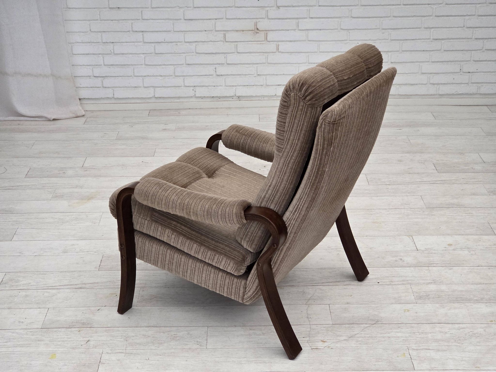 1970s, pair of Danish armchairs, brown furniture corduroy, beech wood.