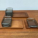 Danish mid-century teak plateau with Holmegaard glass serving trays, 1960s, set of 9.
