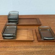 Danish mid-century teak plateau with Holmegaard glass serving trays, 1960s, set of 9.