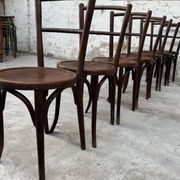 Set of 7 old Baumann bistro chairs in curved wood with round seat