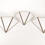 Mid century ice glass and brass triangle sconces,  set of five 1970's pyramid sconces