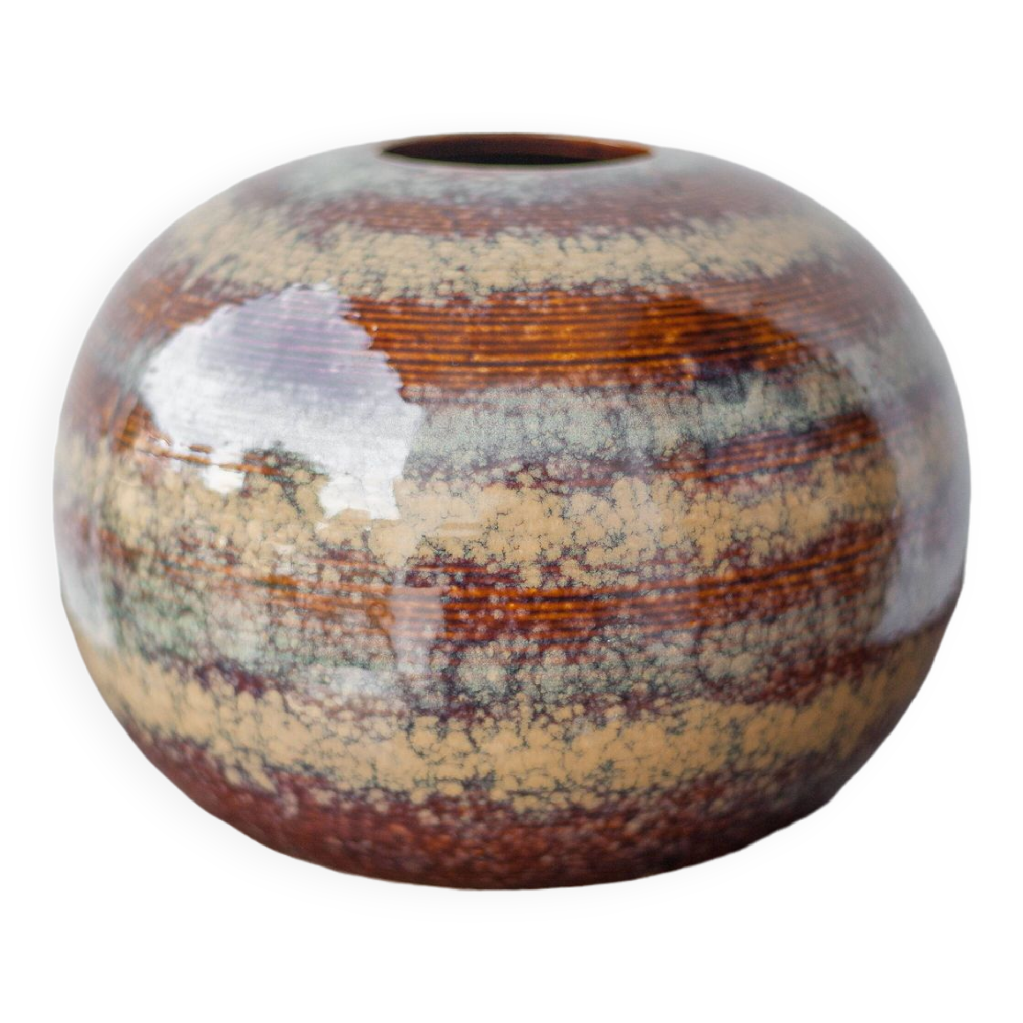 Striated glazed ceramic vase, ball vase, flower pot, interior decoration, collection, 70's
