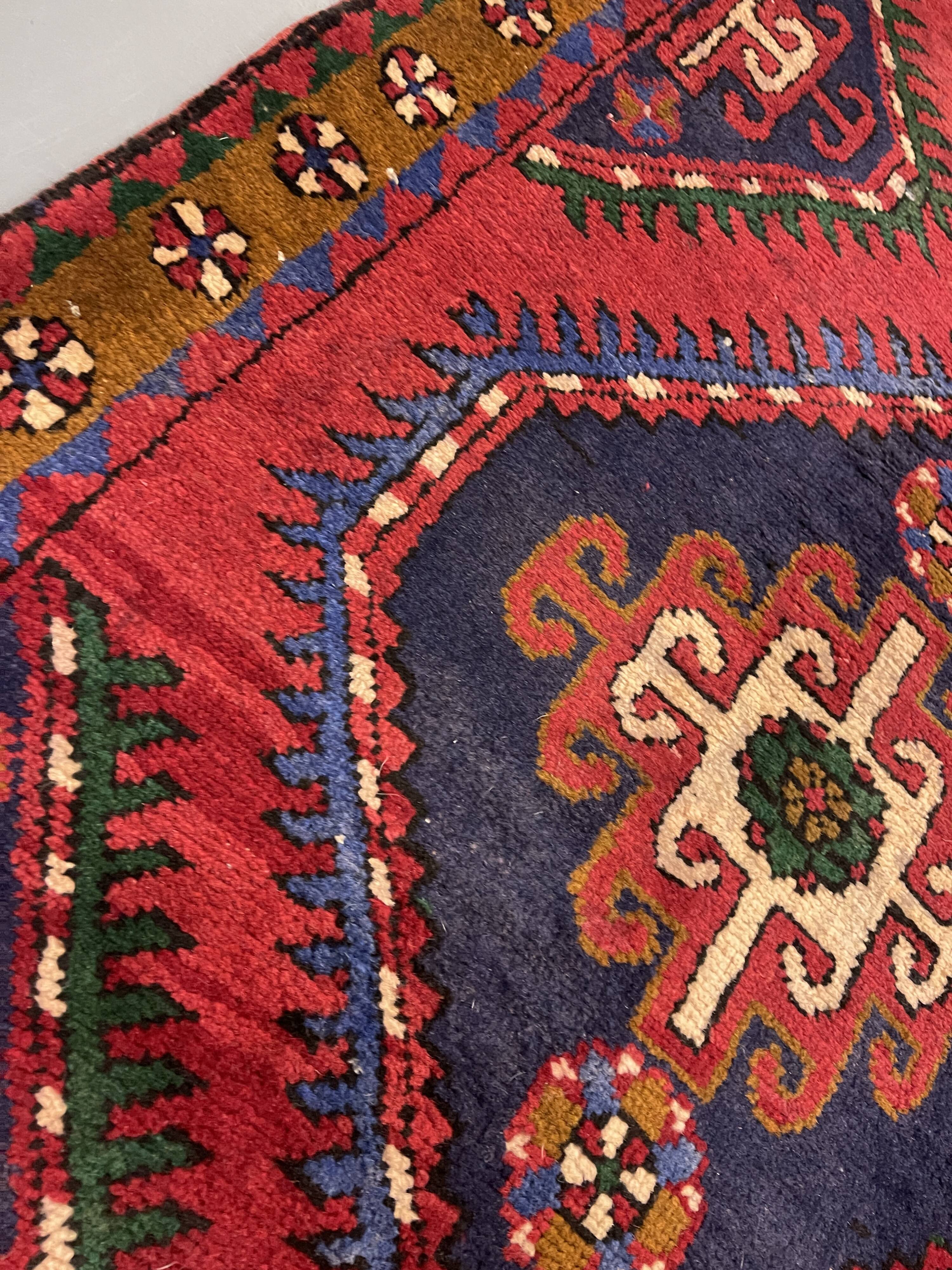 Vintage Geometric Burgundy Red Wool Runner Rug, 1950s Hand-Knotted Carpet