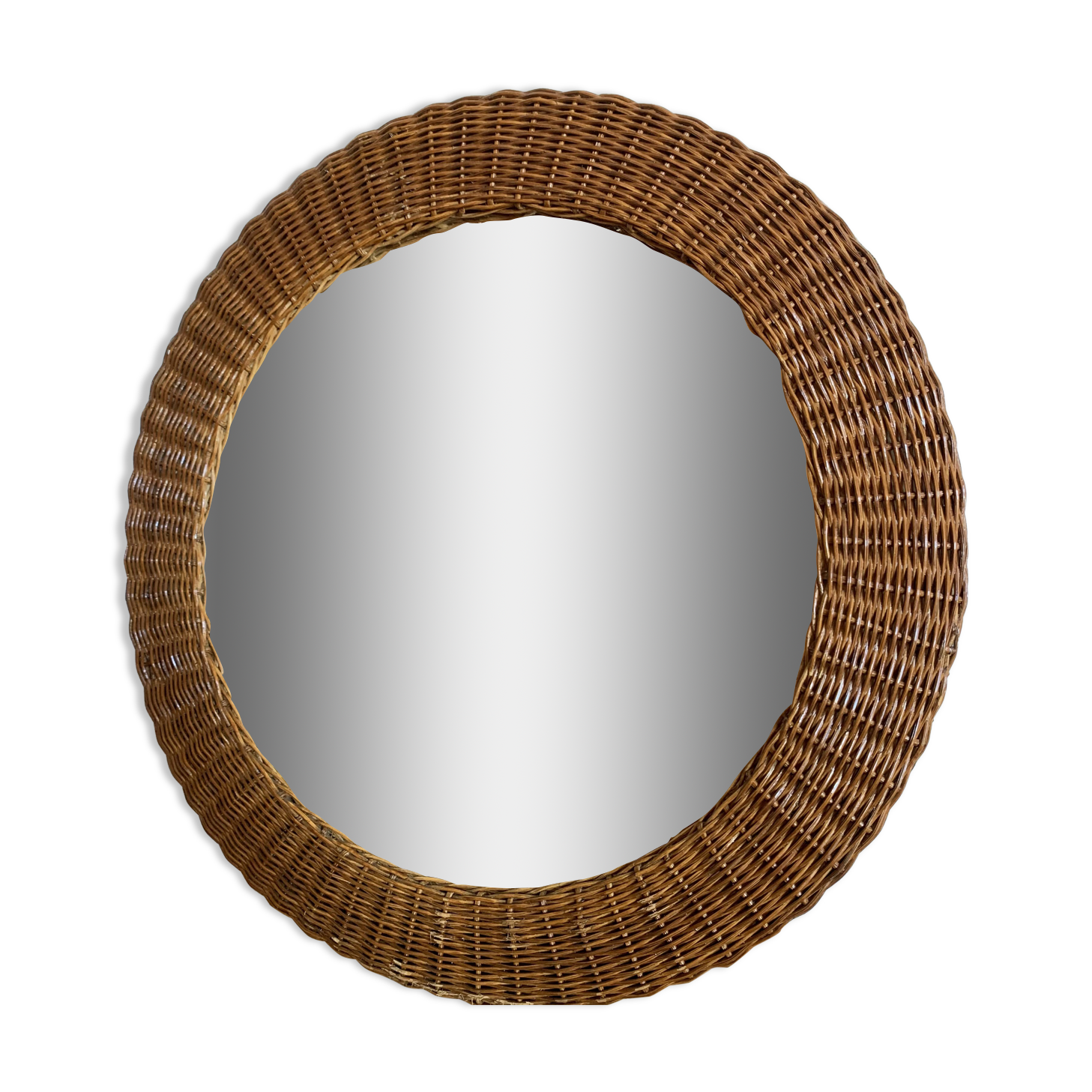 miroir rond en rotin tressé, 1960's
