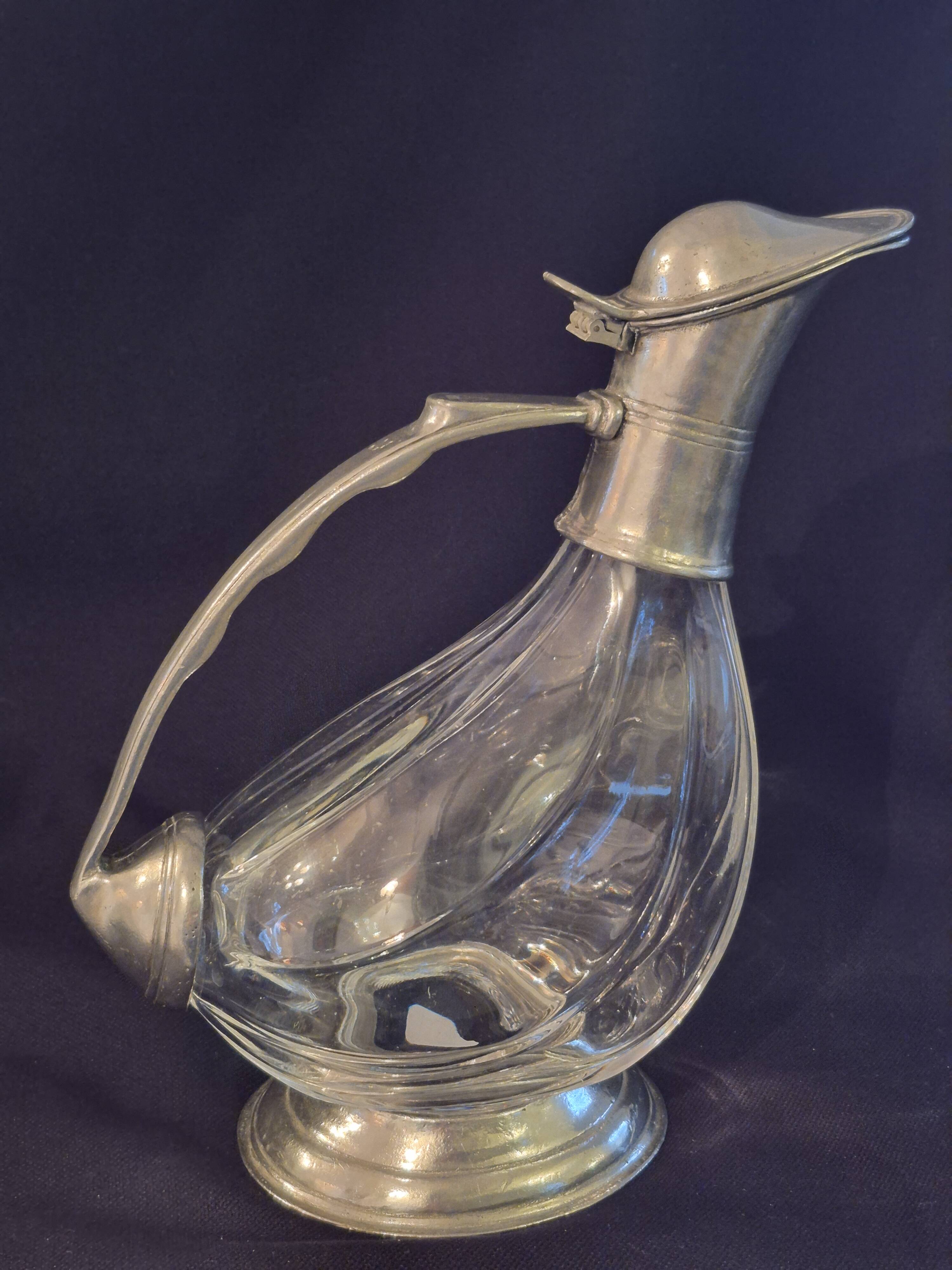 Wine carafe, duck design, glass and metal A553