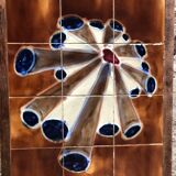 Old 70's Coffee Table Wood + Vintage Painted Ceramic Tiles #A608