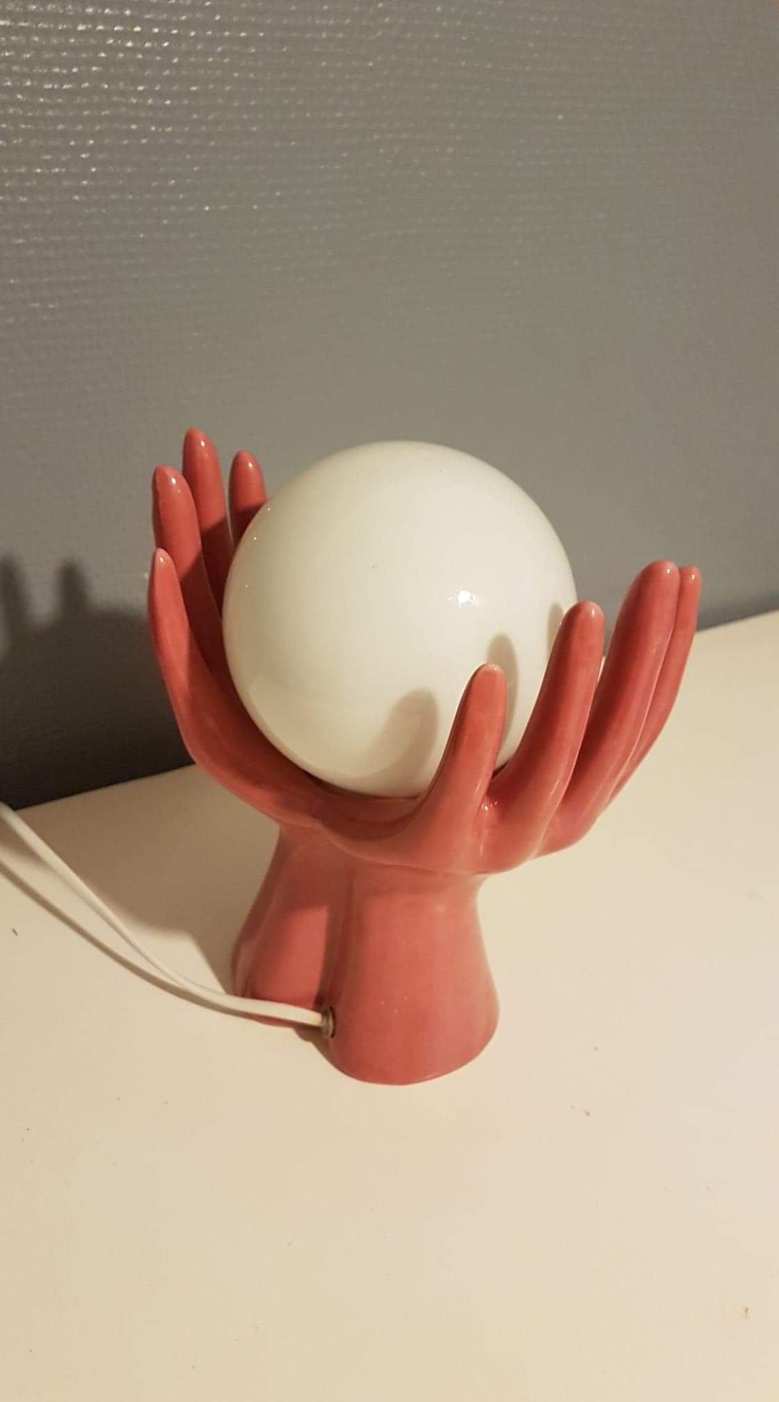 old pink ceramic hand lamp with vintage white opaline globe