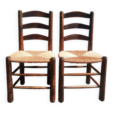 Paire de chaises brutaliste paillées et bois