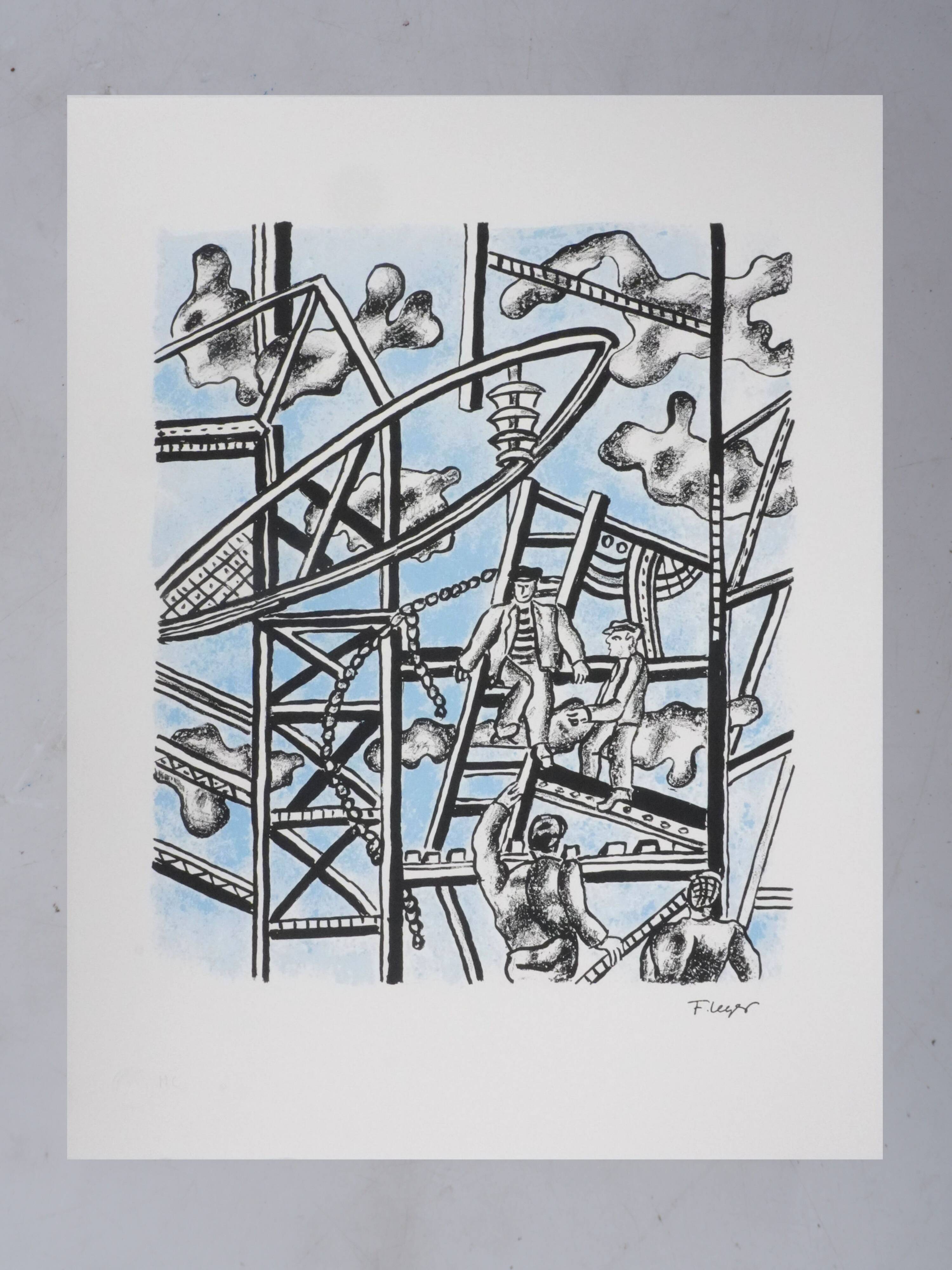 Fernand leger : les constructeurs (bleu), lithographie signée