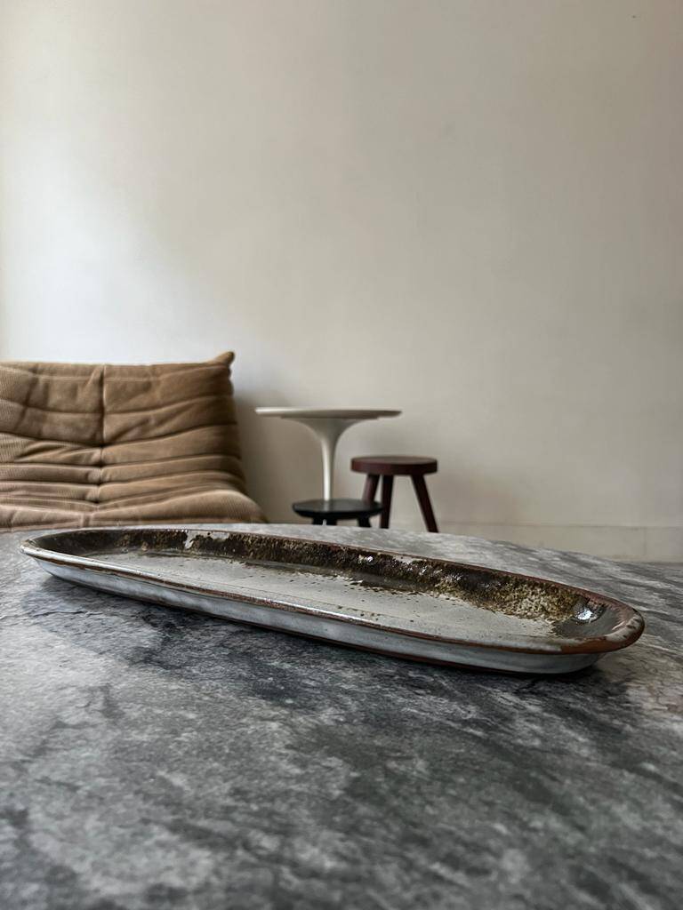 large fish serving dish in enamelled and signed stoneware ceramic, 1960