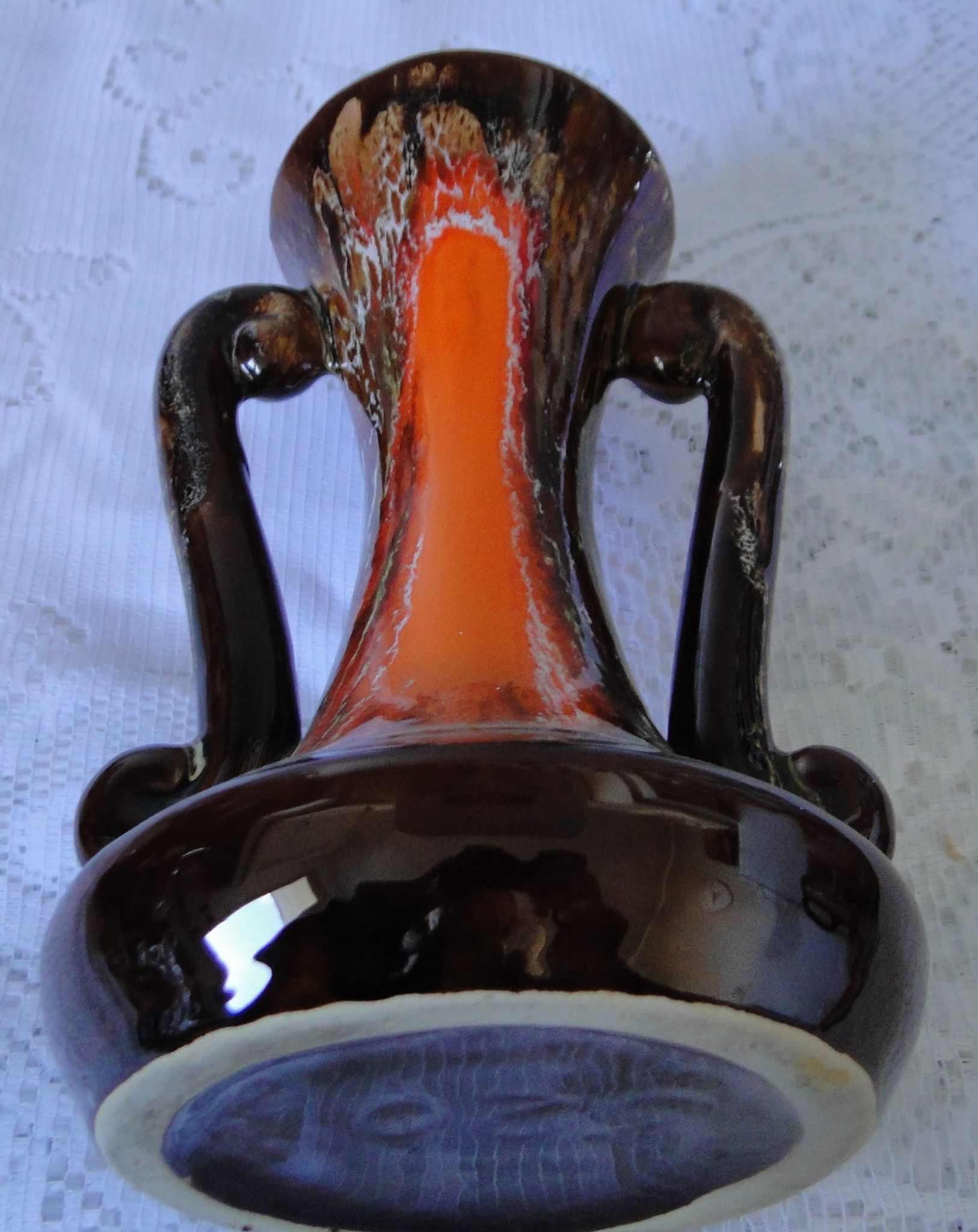 Vase lyre decor jaspé orange marron blanc n°320vintage