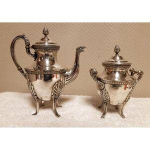 Elegant antique silver-plated service – Teapot and footed sugar bowl