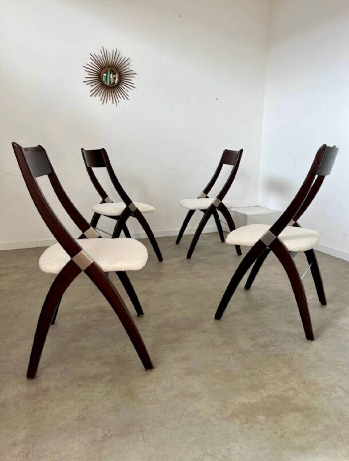 Set of 4 vintage 70s Italian design wooden and terry chairs